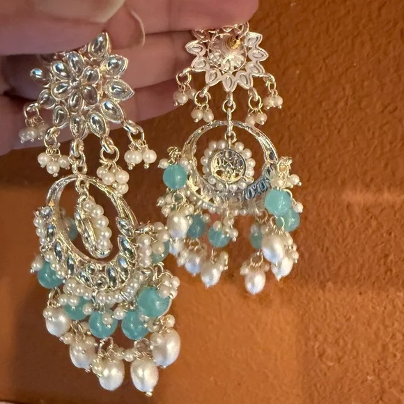 Indian ethnic Silver Gold and Aqua Floral Chandelier Earrings - Picture 5 of 6